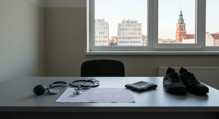 Biurko w wojskowym centrum rekrutacji z formularzem, stetoskopem, stoperem i zlozonym mundurem przy oknie