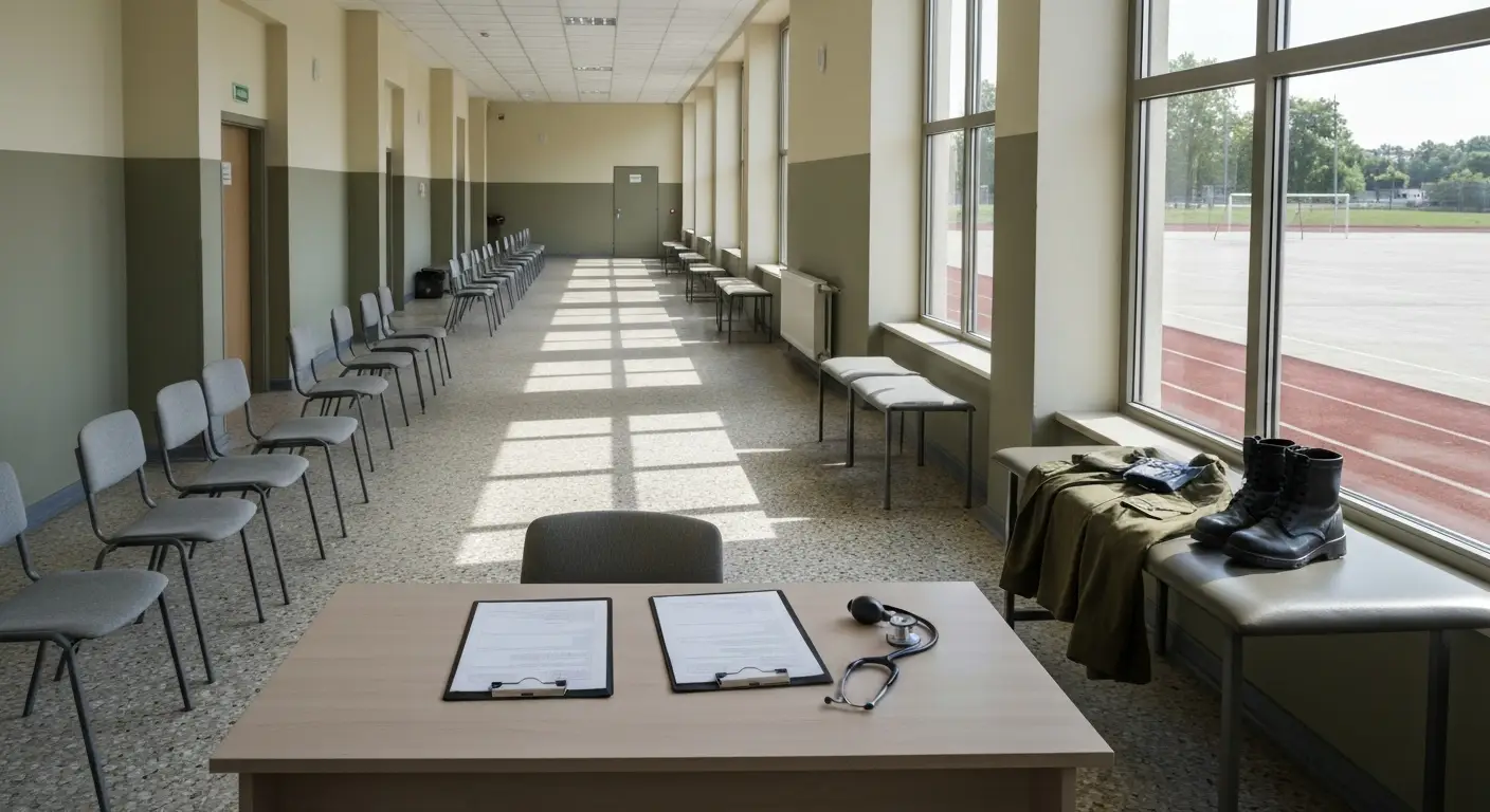 Wnetrze wojskowego centrum rekrutacji - krzesla, biurko z formularzami, sprzet medyczny i zlozony mundur polowy z butami