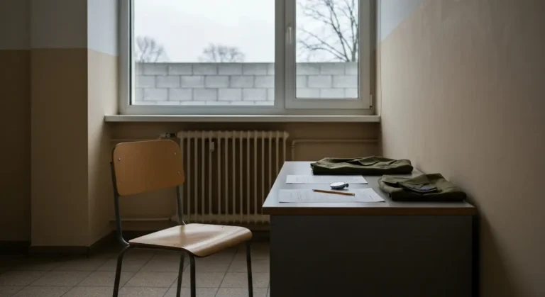 Puste stanowisko z krzeslem, kartkami i zlozona mundurowa kurtka w poczekalni wojskowego centrum rekrutacji