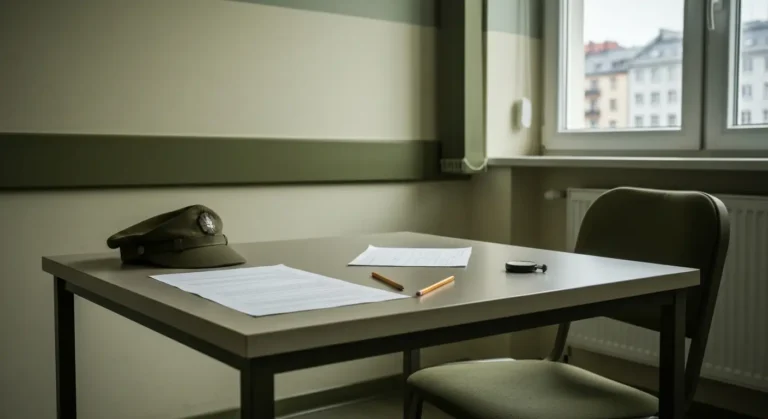 Puste biurko z kwestionariuszem, olowkiem i stoperem w gabinecie psychologa w wojskowym centrum rekrutacji