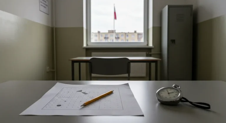 Puste biurko w sali badan w wojskowym centrum rekrutacji - arkusz z figurami, olowek i stoper przy oknie