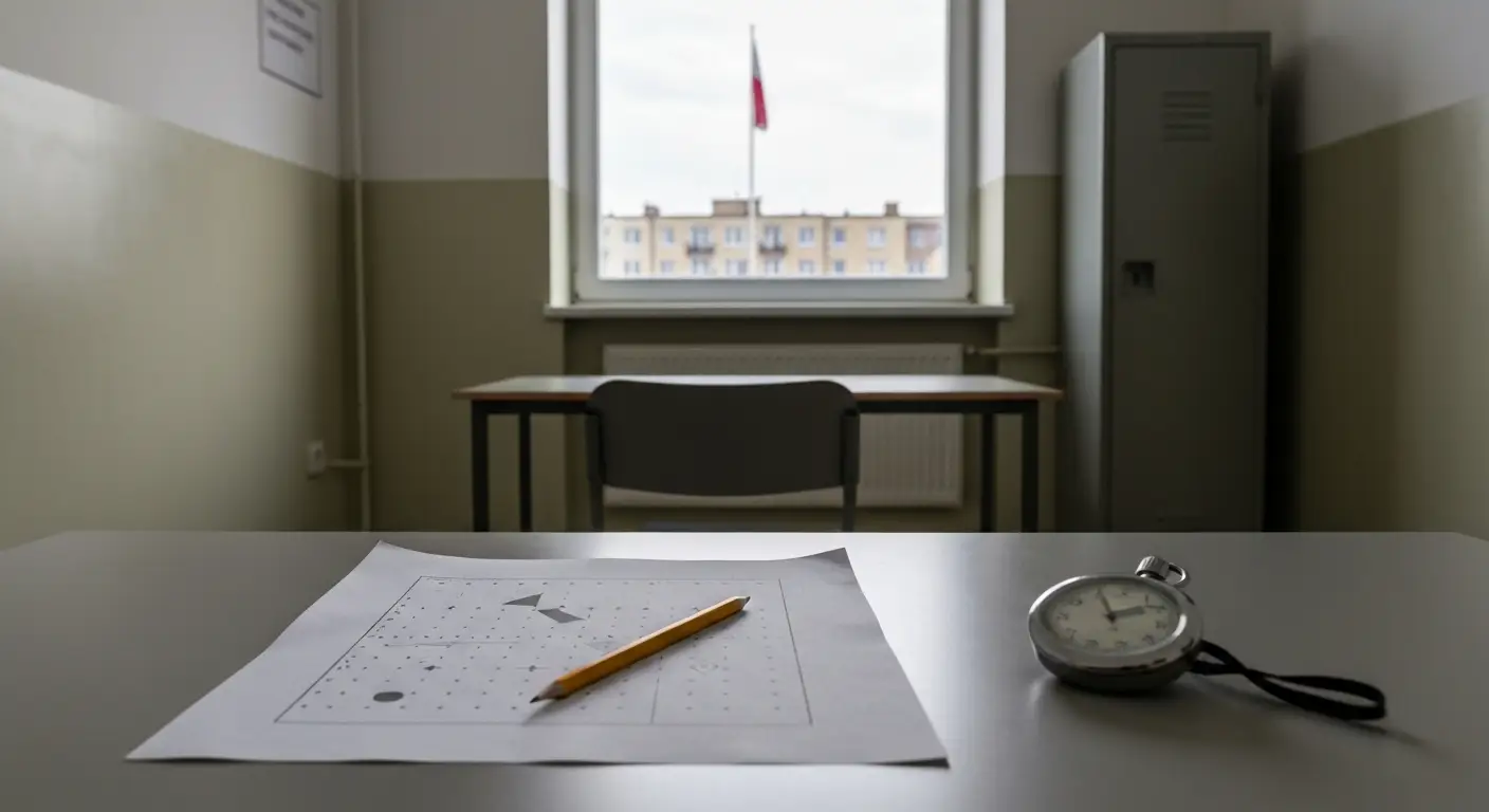 Puste biurko w sali badan w wojskowym centrum rekrutacji - arkusz z figurami, olowek i stoper przy oknie