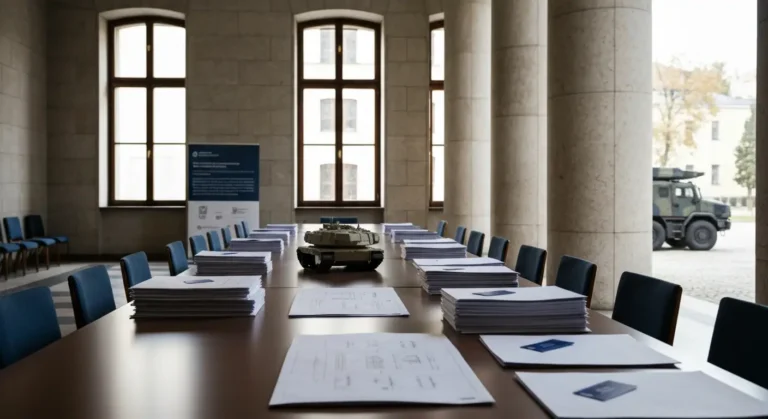 Sala konferencyjna instytucji obronnej z dokumentacja przetargowa i modelem czolgu na stole, w tle pojazd wojskowy na dz