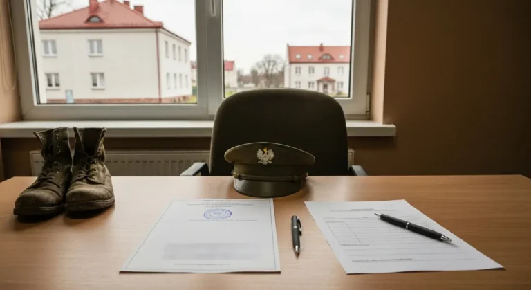 Biurko kadrowe z kartą powołania, wnioskiem urlopowym, wojskową czapką polową i butami przy oknie biura