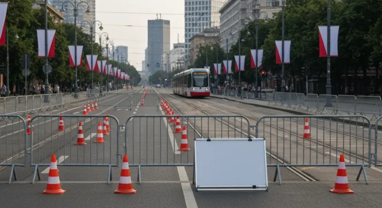Zamknieta warszawska aleja z barierkami i pacholkami przed obchodami Swieta Wojska Polskiego