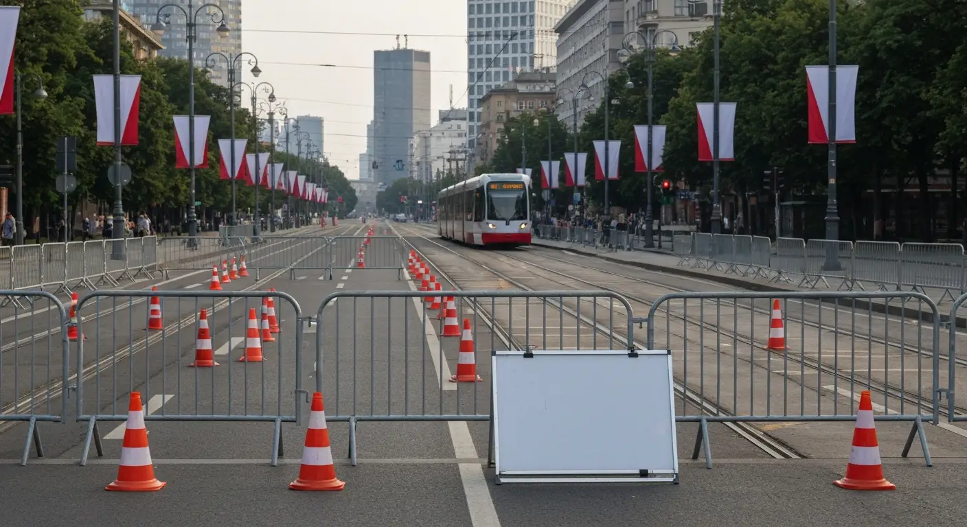 Zamknieta warszawska aleja z barierkami i pacholkami przed obchodami Swieta Wojska Polskiego