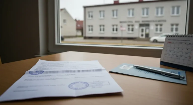 Pismo urzedowe wzywajace na kwalifikacje wojskowa lezace na drewnianym stole obok dokumentu tozsamosci i dlugopisu