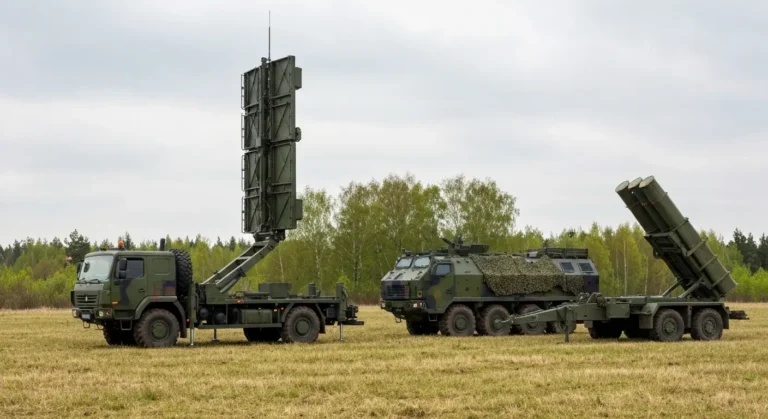 Mobilny radar i wyrzutnia rakiet przeciwlotniczych na polowym stanowisku obrony powietrznej