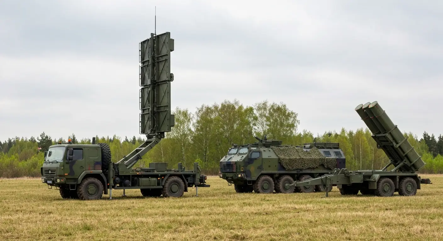 Mobilny radar i wyrzutnia rakiet przeciwlotniczych na polowym stanowisku obrony powietrznej