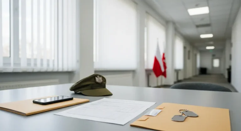 Biurko w wojskowym centrum rekrutacji z pustym formularzem, teczka, dlugopisem i zolnierska czapka polowa
