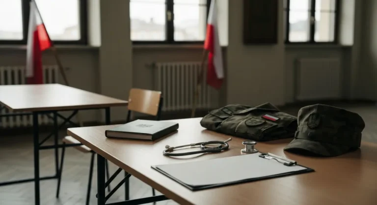 Ksiazeczka wojskowa, wezwanie i mundur polowy na stole w sali komisji kwalifikacji wojskowej