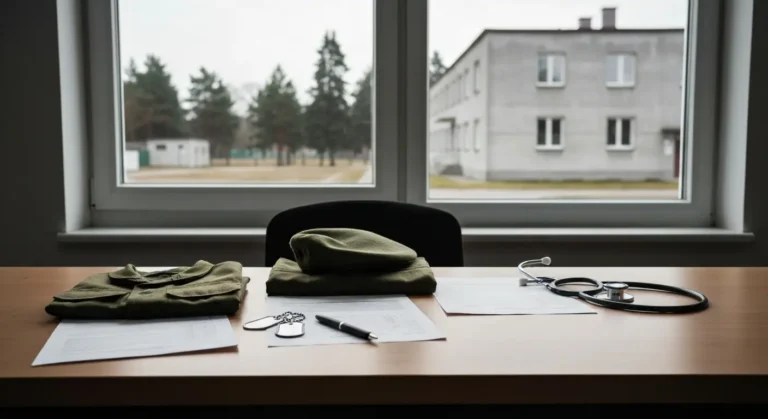 Zlozony mundur polowy, beret i puste formularze na stole w wojskowym punkcie rekrutacyjnym