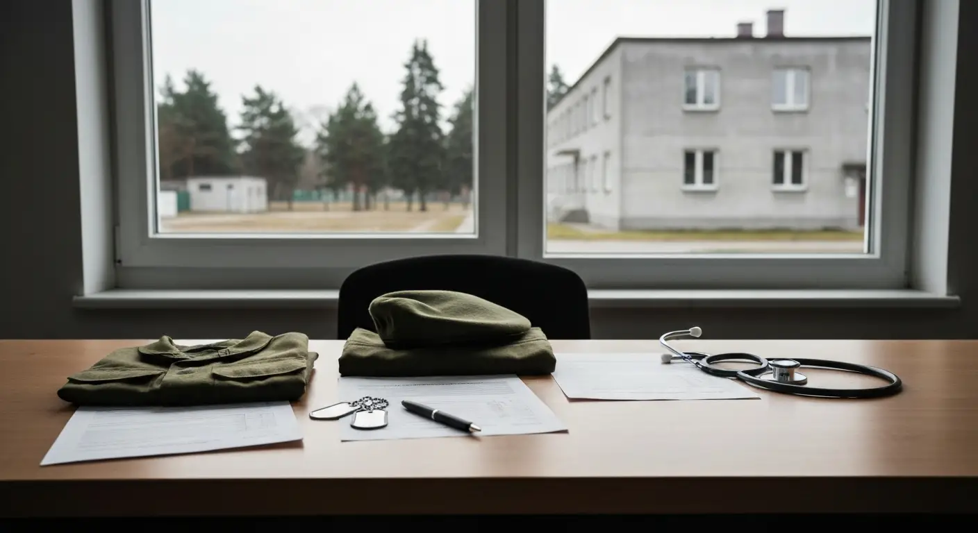 Zlozony mundur polowy, beret i puste formularze na stole w wojskowym punkcie rekrutacyjnym