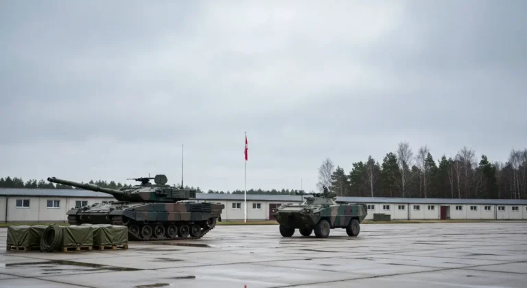 Czolg i kolowy transporter opancerzony na placu polskiej jednostki wojskowej o pochmurnym dniu