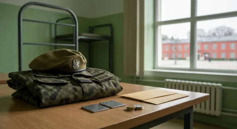 Zlozony mundur polowy Wojska Polskiego, beret i monety na drewnianym biurku w koszarach