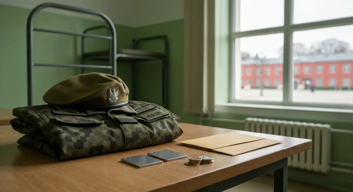 Zlozony mundur polowy Wojska Polskiego, beret i monety na drewnianym biurku w koszarach