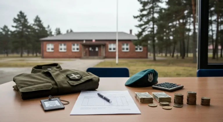 Zlozony mundur polowy, beret i identyfikator zolnierza obok kalkulatora oraz polskich banknotow na drewnianym stole w je