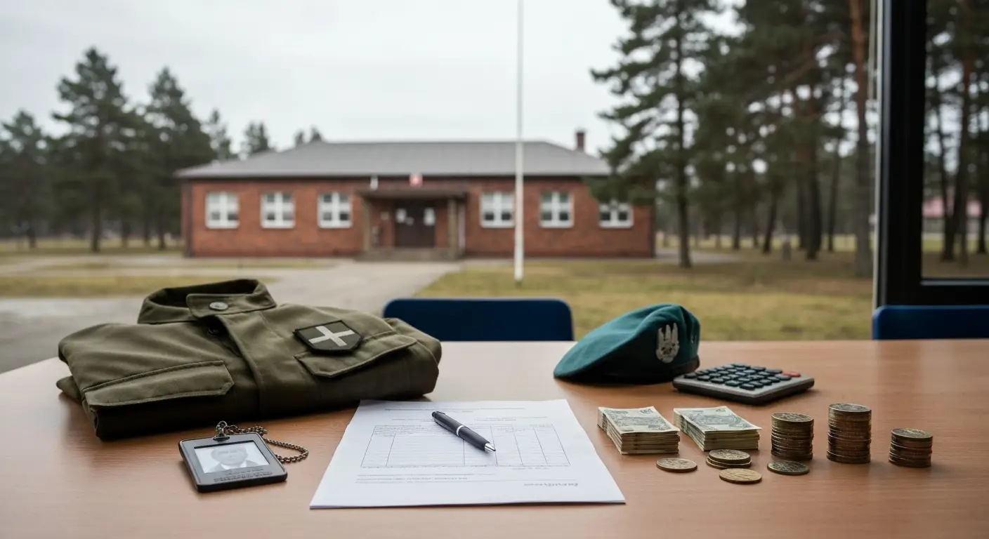 Zlozony mundur polowy, beret i identyfikator zolnierza obok kalkulatora oraz polskich banknotow na drewnianym stole w je