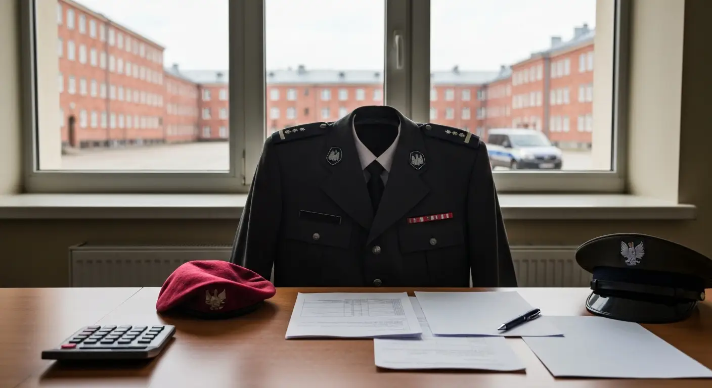 Biurko sluzbowe w jednostce wojskowej - bordowy beret zandarmerii, kalkulator i puste formularze przy oknie z widokiem n